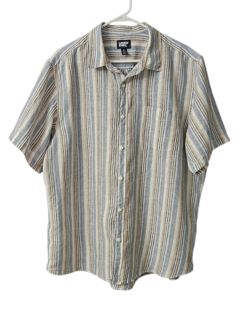 Lands' End Linen Short Sleeve Button Up Shirt Stripes Men's XL Breathable Summer